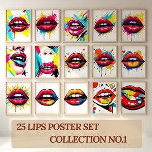 25 Lips Poster Set | Bold Red Pop Art Prints (Digital Download)