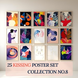 25 Romantic Couple Posters | Modern Kissing Wall Art | Colorful Abstract Love Prints Set