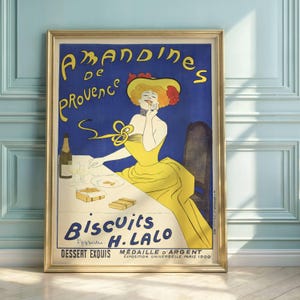 Cartel de Amandines de Provence / Impresión de arte de galletas Cappiello / Decoración de cocina francesa / Anuncio de comida vintage / Arte de pared Art Nouveau