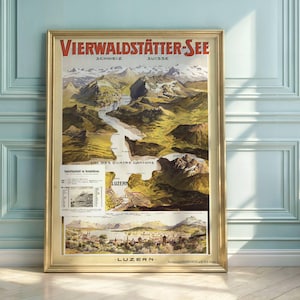 Vintage Lake Lucerne Travel Poster: Swiss Alps Map Art Print