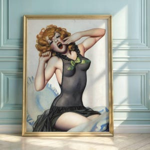 Vintage Pin-Up Art Poster | Glamorous Redhead in Sheer Black Negligee | Classic 1940s & 1950s Style | Retro Home Decor
