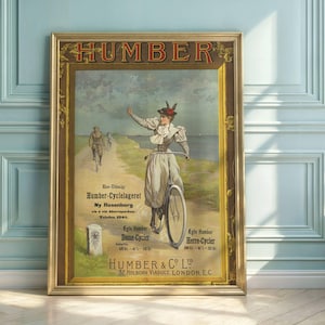 Vintage Danish Bicycle Poster | Humber-Cyclelageret Advertising Art | Elegant & Stylish 19th Century Cycling Scene
