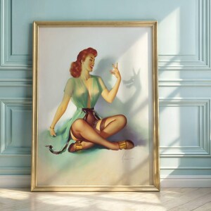 Vintage Pin-Up Art Poster: Redhead in Green Robe