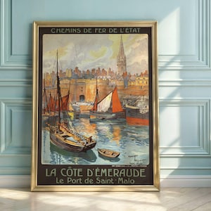 Poster de viagens de Saint-Malo do vintage | Arte Ferroviária Art Déco | Caminhos de Fer de l'État | Costa Esmeralda França | História Marítima