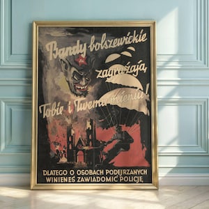 WWII Polish Propaganda Poster | Anti-Soviet Art | Historical Bolshevik Caricature | Vintage Wartime Print | Fear & Vigilance