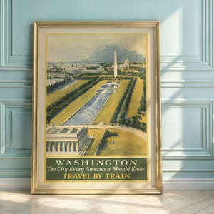 Vintage Washington D.C. Travel Poster | Illustrative Art of National Mall | Train Travel Promotion | Mid-Century Style Decor