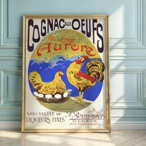 Art Nouveau Cognac Poster: Rooster & Hen Vintage Print