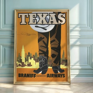 Vintage Texas Travel Poster: Mid-Century Braniff Airways Art