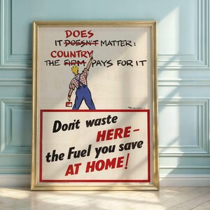 Vintage WWII Propaganda Poster | Fuel Conservation Art | Retro Cartoon Poster | Mid-Century Design | Patriotic Home Decor
