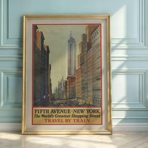 Póster vintage de viaje por la ciudad de Nueva York / Arte callejero con tiendas en la Quinta Avenida / Rascacielos de principios del siglo XX / Decoración para viajes en tren