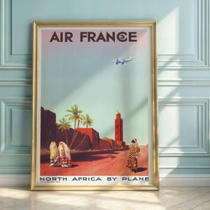Vintage Air France Travel Poster: Mid-Century North Africa Aviation Art
