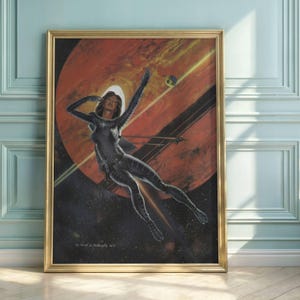 Vintage Sci-Fi Art Poster: Female Astronaut, Retro Space Decor