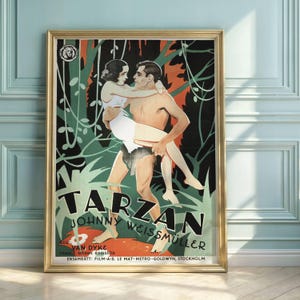 Póster vintage de la película Tarzán el Hombre Mono / Estilo art déco / Johnny Weissmuller / Aventura y romance en la jungla