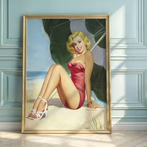 Vintage Beach Babe Poster: 1950s Pin-Up Girl Illustration