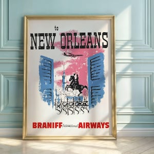 Vintage New Orleans Travel Poster | Braniff International Airways Art Print | Mid-Century Modern Decor | Retro Airline Wall Art