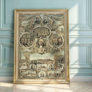 Lithographie commémorative du centenaire de 1876 | George Washington et pères fondateurs | Impression d&#39;art histoire des États-Unis | Indépendance américaine