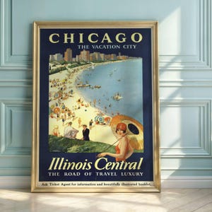 Vintage Chicago Travel Poster | Illinois Central Railroad Art | 1920s Lake Michigan Beach Scene | Art Deco Vacation Wall Decor