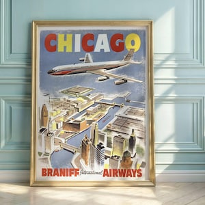 Vintage Braniff Airways Poster: Chicago Mid-Century Modern Aviation Art
