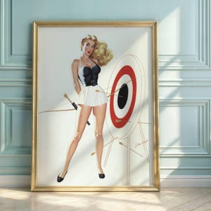 Bezauberndes Vintage Pin-Up Art Poster | Mid-Century 20th Century American Style | Verspieltes & Humorvolles Zielscheiben Thema