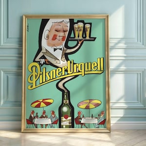 Vintage poster Pilsner Urquell: reclame voor Tsjechisch bier uit het midden van de eeuw