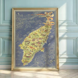 Póster vintage del mapa de Rodas / Arte pictórico de 1937 de Pietro L. Morandi / Monumentos históricos y culturales / Influencia medieval del Coloso