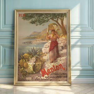 Vintage Art Nouveau Travel Poster: Menton French Riviera, PLM Railway