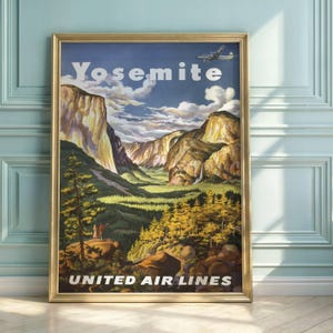 Vintage Yosemite Travel Poster | United Air Lines Art Print | Mid-Century Scenic Wall Decor | Retro National Park Illustration