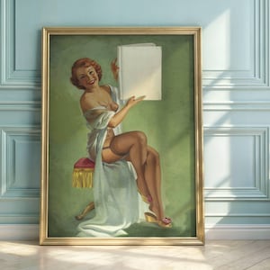 Mid-Century Pin-Up Art Poster | Redhead Beauty in Lingerie & Stockings | Vintage 1940s 1950s Style | Retro Wall Decor