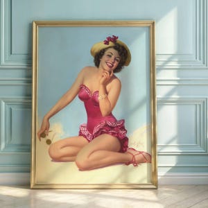 Vintage Pin-Up Art Poster | 1950s Style Beach Beauty | Flirtatious Pink Swimsuit & Straw Hat | Retro Wall Decor