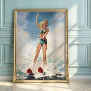 Mid-Century Pin-Up Art Print: 1950s Waterskiing Scene