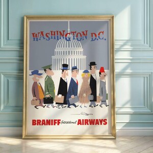 Póster vintage de Braniff Airways / Arte de viajes de Washington D.C. de mediados de siglo / Decoración retro de aerolíneas / Impresión ilustrada de los años 50 y 60