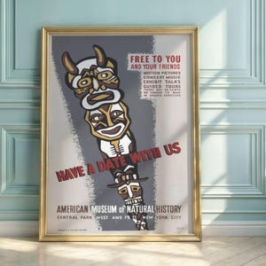 Vintage American Museum Poster | NYC Tribal Art | WPA Style | Bold Modernist Design | Free Tours for Armed Services
