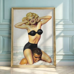 Vintage Pin-Up Art Poster | Mid-20th Century Bikini Beach Scene | Glamorous Blonde & Smiling Man | Retro Ocean Vibes