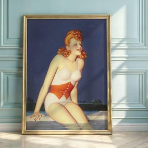 Vintage Pin-Up Art Poster: Redhead by the Pool, 1940s Glamour