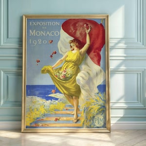Póster Art Nouveau vintage / Exposición de Mónaco 1920 / Mujer elegante con vestido amarillo / Escena costera de Mónaco / Lámina coleccionable
