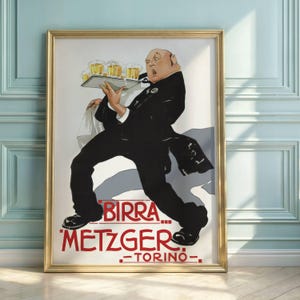 Vintage Art Deco Beer Poster | Birra Metzger Advertisement | Turin Italy Brewery | Retro Wall Art & Home Decor
