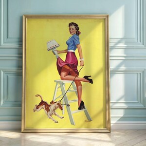 Vintage Pin-Up Poster: Woman & Dog, Mid-Century Illustration