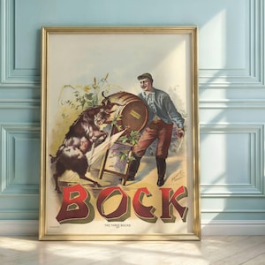Vintage Bock Beer Lithograph: Goat & Man Brewery Art