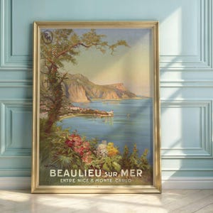 Póster de viaje vintage de Beaulieu-sur-Mer / Arte de la Riviera Francesa de Pierre Commarmond / Arte decorativo de pared de la costa mediterránea