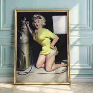 Vintage Pin-Up Art Print | Glamorous 1950s Blonde in Yellow Dress | Industrial Chic & Retro Beauty | Digital Poster