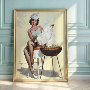 Gil Elvgren Pin-Up Poster: Retro BBQ Scene, Mid-Century Art