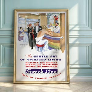 Póster vintage de una línea francesa / Anuncio de transatlántico art déco / Ilustración de Adolphe Treidler / Decoración de viajes de lujo de los años 30 / Arte mural marítimo