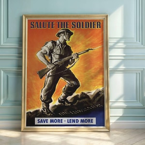 Salute the Soldier WWII Poster | British Propaganda Art | Bold Colors & Strong Contrast | Heroic Soldier Illustration