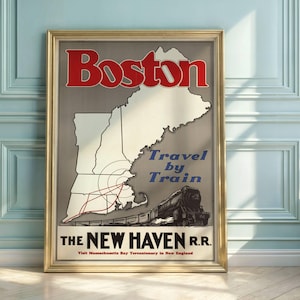 Vintage reisposter Boston | Spoorwegkunst New Haven | Treinadvertentie uit de jaren 30 | Art-decostijl | Kaart afdrukken New England