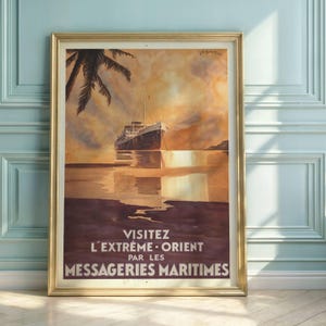 Vintage 1931 Travel Poster | Jules Isnard Art | Messageries Maritimes | Luxury Far East Voyage | Exotic Ocean Liner Decor