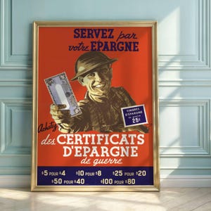 Vintage WWI Propaganda Poster | French War Savings Certificate Art | Red & Blue Soldier Illustration | Historical Decor