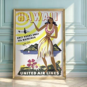 Vintage Hawaii Travel Poster | United Air Lines Mid-Century Art | Retro Hula Dancer Decor | Mainliner Aviation History Print