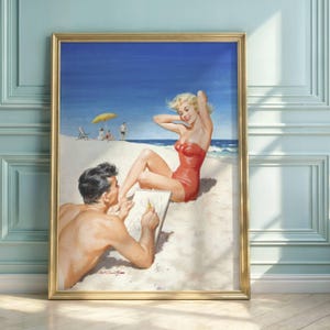 Vintage Pin-Up Art Poster: 1950s Beach Scene with Red Swimsuit