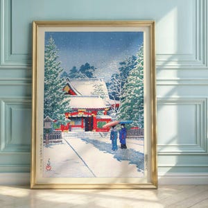 Hasui Kawase Winter Temple Print: Japandi Snow Scene