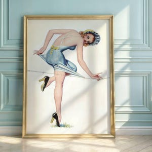 Vintage Pin-Up Art Poster: Playful Woman in Blue Dress